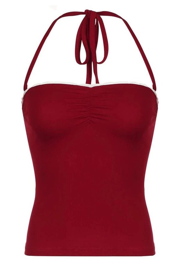 Y2K Red Lace-Trim Halter Top for Summer Party & Grunge Outfits