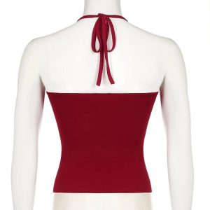 Y2K Red Lace-Trim Halter Top for Summer Party & Grunge Outfits