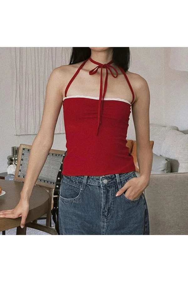 Y2K Red Lace-Trim Halter Top for Summer Party & Grunge Outfits