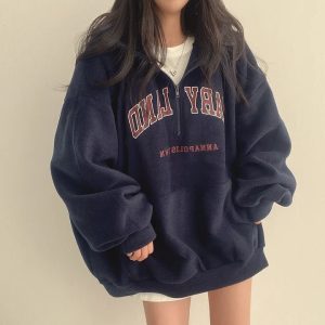 Y2K Retro Campus Half-Zip Hoodie for Trendy Summer Outfits