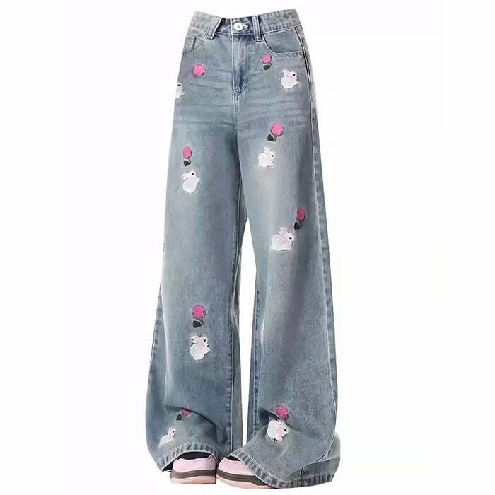 Y2K Rose and Bunny Embroidery Jeans for Retro Summer Outfits