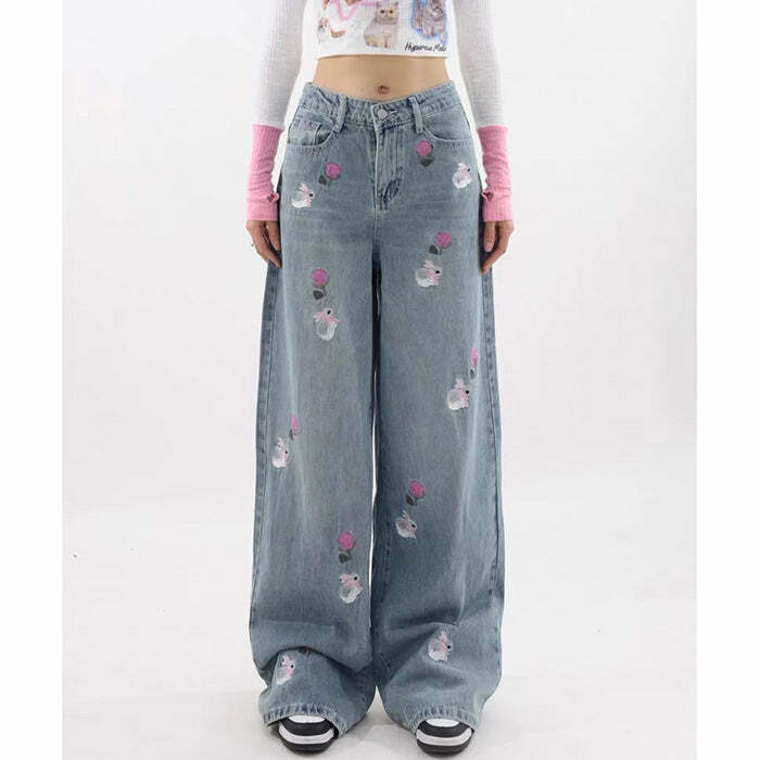 Y2K Rose and Bunny Embroidery Jeans for Retro Summer Outfits