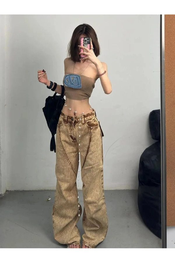 Y2K Sandstone Washed Baggy Jeans for Retro 90s Grunge Outfits