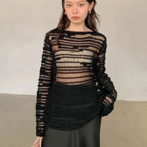 Y2K Sheer Shadow Striped Knit Top for Retro Summer Outfits