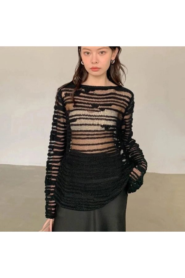 Y2K Sheer Shadow Striped Knit Top for Retro Summer Outfits