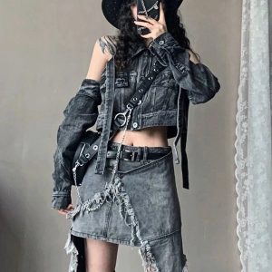 Y2K Shredded Chaos Denim Set: Retro Grunge Outfit for Summer Vibes