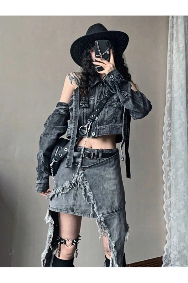 Y2K Shredded Chaos Denim Set: Retro Grunge Outfit for Summer Vibes