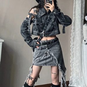 Y2K Shredded Chaos Denim Set: Retro Grunge Outfit for Summer Vibes