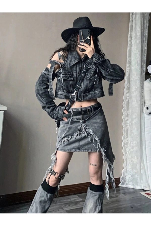 Y2K Shredded Chaos Denim Set: Retro Grunge Outfit for Summer Vibes