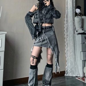 Y2K Shredded Chaos Denim Set: Retro Grunge Outfit for Summer Vibes