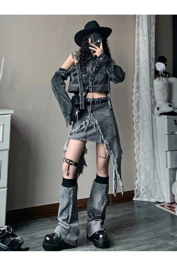 Y2K Shredded Chaos Denim Set: Retro Grunge Outfit for Summer Vibes