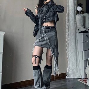 Y2K Shredded Chaos Denim Set: Retro Grunge Outfit for Summer Vibes