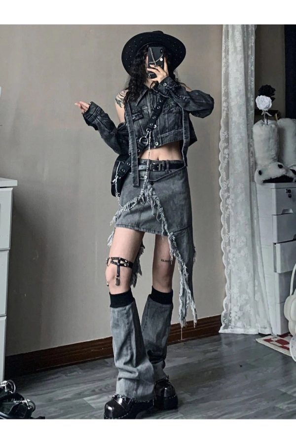 Y2K Shredded Chaos Denim Set: Retro Grunge Outfit for Summer Vibes