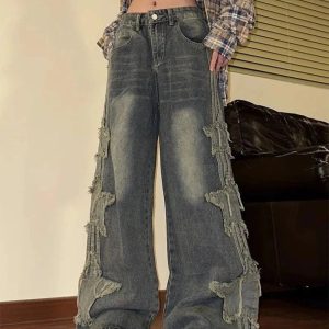 Y2K Shredded Grunge Wide-Leg Jeans for Retro Summer Outfits