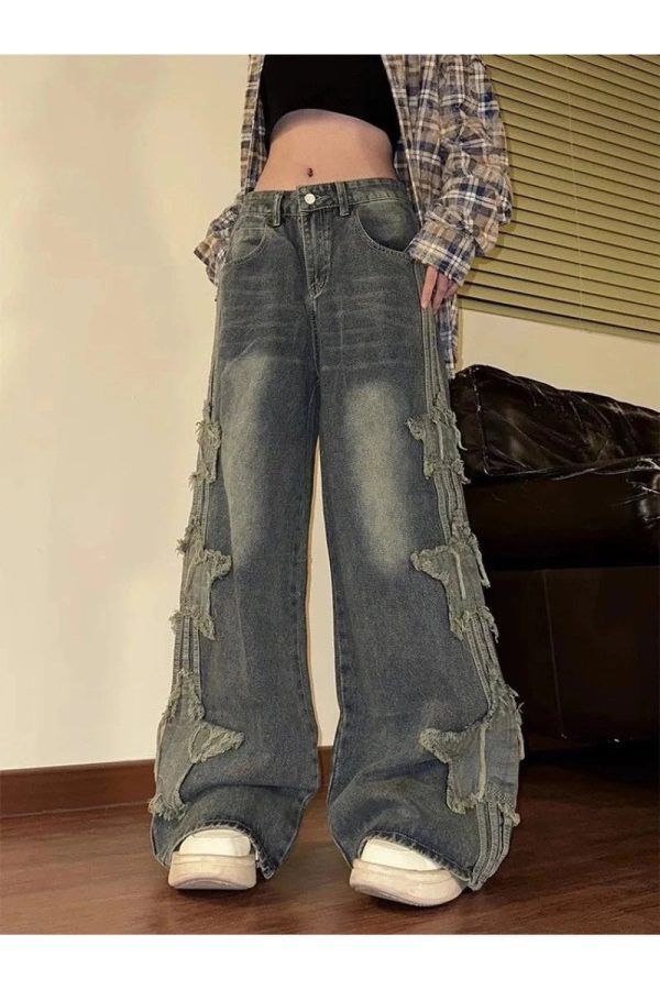 Y2K Shredded Grunge Wide-Leg Jeans for Retro Summer Outfits