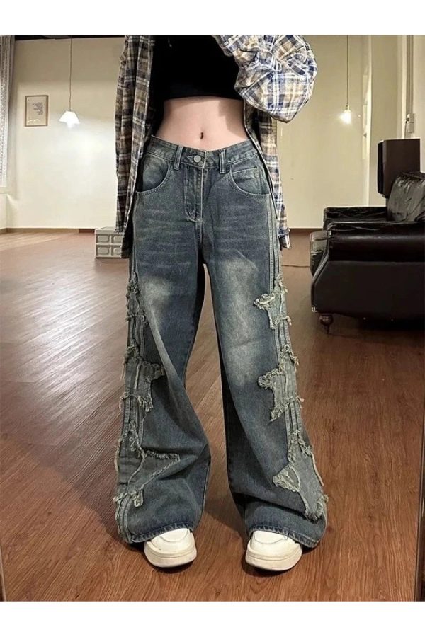 Y2K Shredded Grunge Wide-Leg Jeans for Retro Summer Outfits