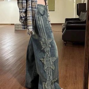 Y2K Shredded Grunge Wide-Leg Jeans for Retro Summer Outfits