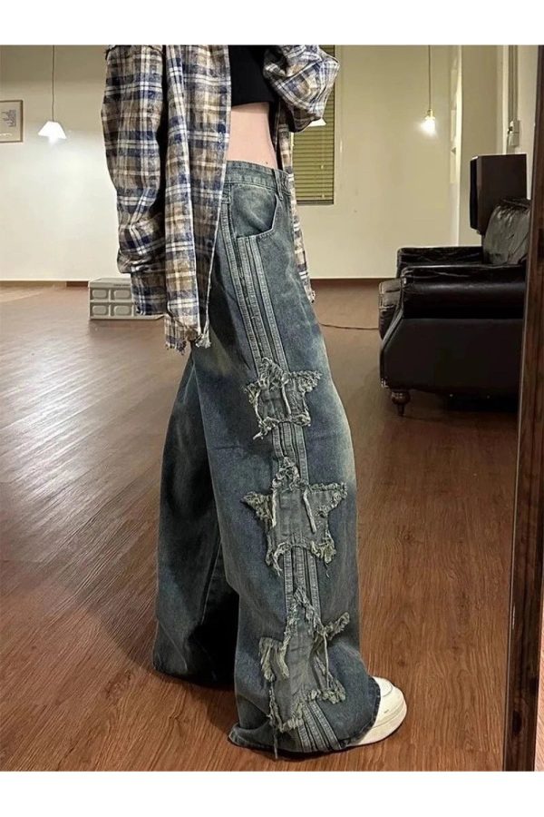 Y2K Shredded Grunge Wide-Leg Jeans for Retro Summer Outfits