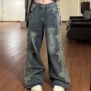 Y2K Shredded Grunge Wide-Leg Jeans for Retro Summer Outfits