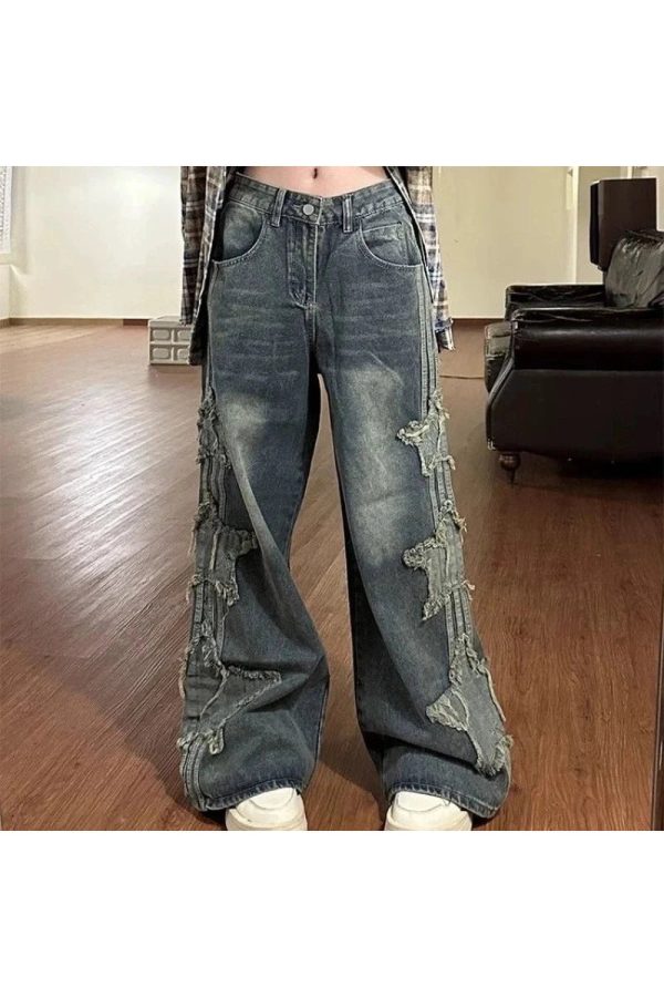 Y2K Shredded Grunge Wide-Leg Jeans for Retro Summer Outfits