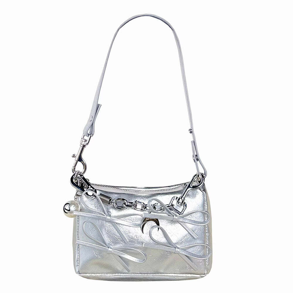 Y2K Silver Bows Shoulder Bag - Trendy Accessory for Summer Outfits