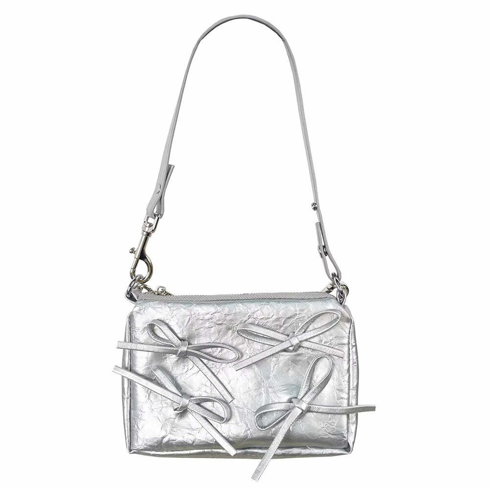 Y2K Silver Bows Shoulder Bag - Trendy Accessory for Summer Outfits