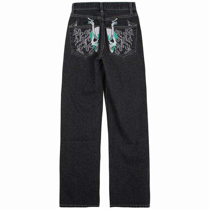 Y2K Skeleton Embroidery Jeans: Trendy Grunge Outfit for Summer Vibes