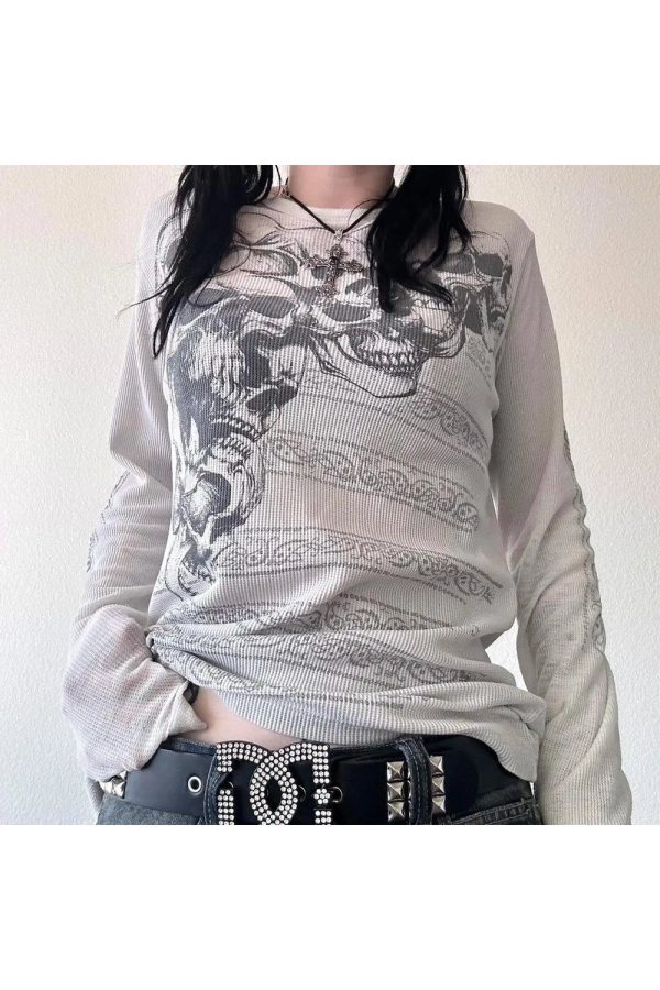 Y2K Skeleton Print Long Sleeve Mesh Top for Retro Summer Outfits