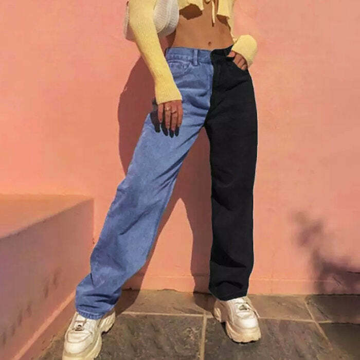 Y2K Split Color Jeans: Retro 90s Grunge Outfit for Summer Vibes