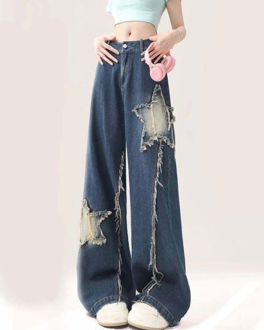 Y2K Star Patch Wide Leg Jeans for Retro Summer Outfits and Grunge Style