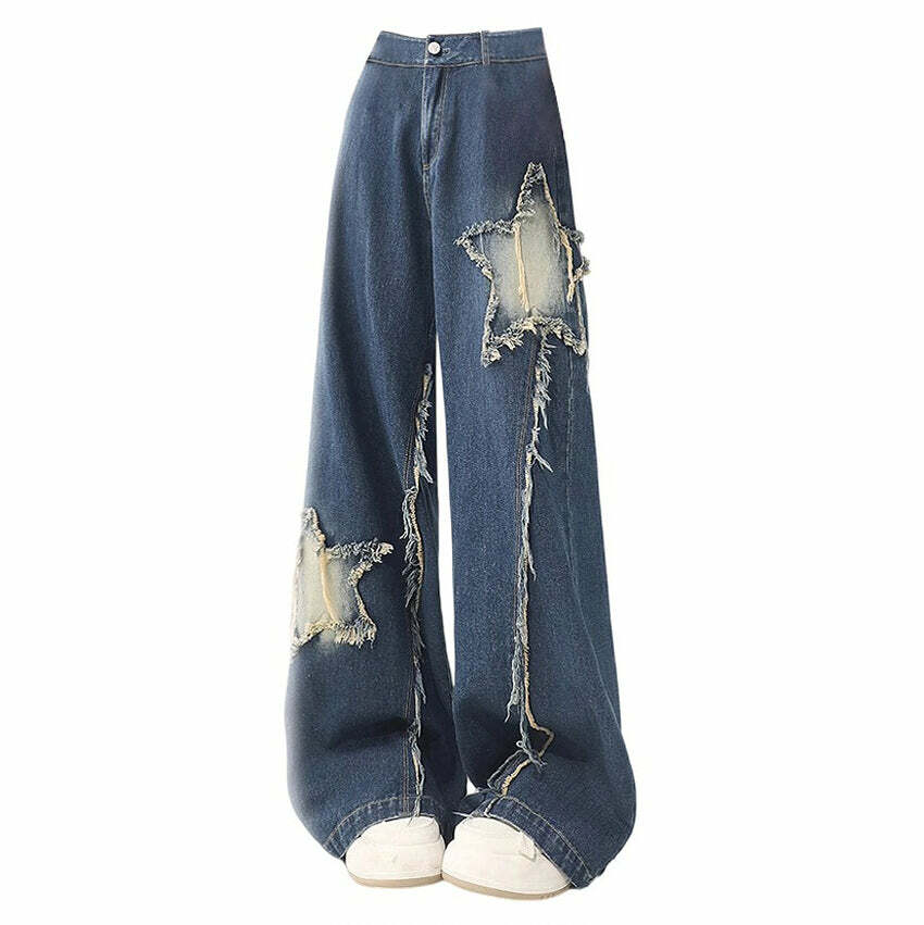 Y2K Star Patch Wide Leg Jeans for Retro Summer Outfits and Grunge Style