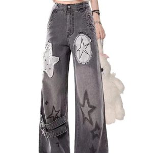 Y2K Star Patchwork Wide-Leg Jeans for Retro Summer Outfits