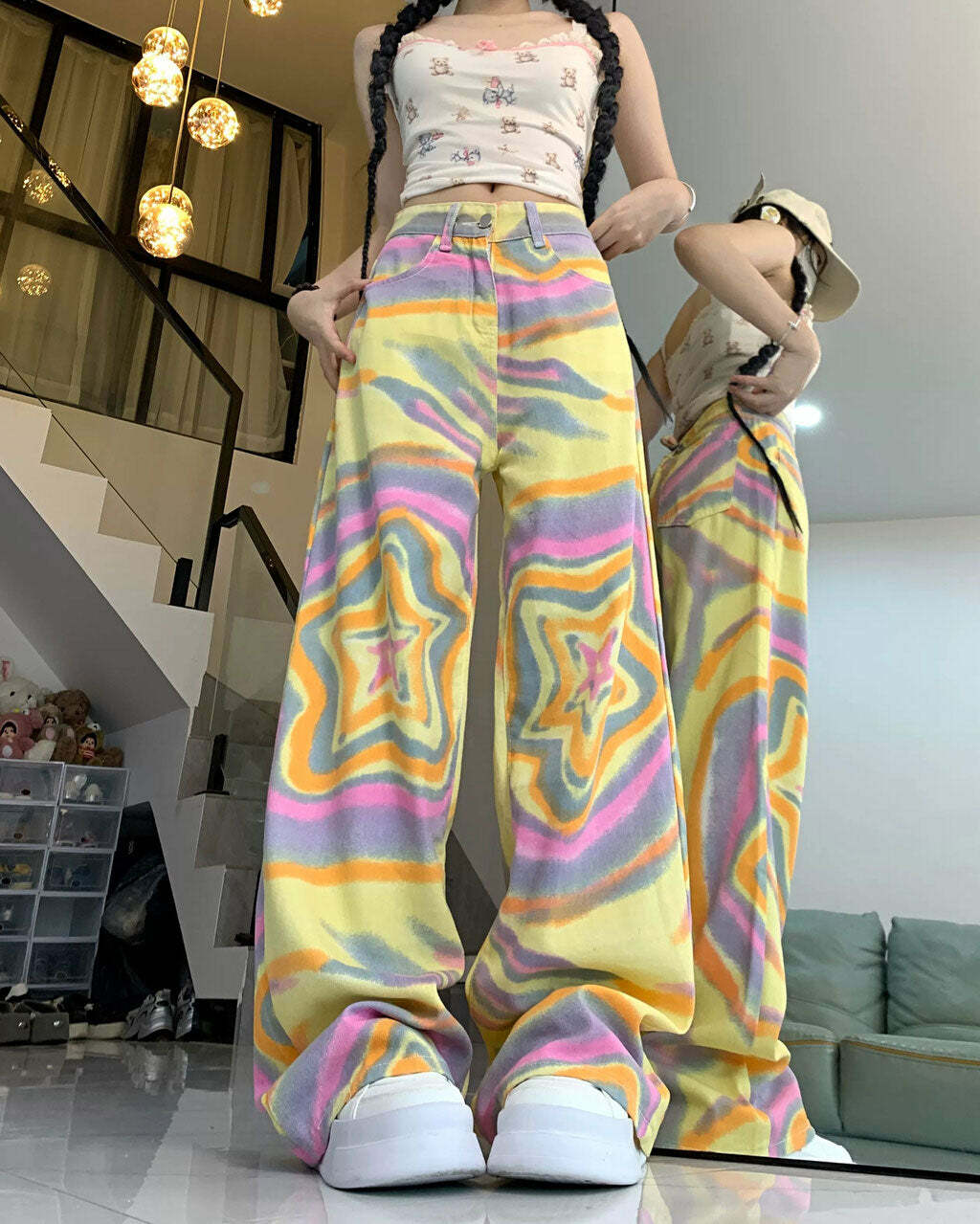 Y2K Star Print Trousers for Retro 90s Grunge Summer Outfits