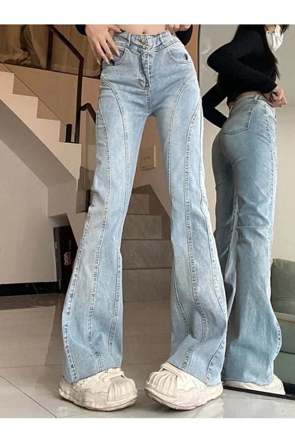 Y2K Stitch Flare Jeans: Retro 90s Grunge Style for Trendy Outfits