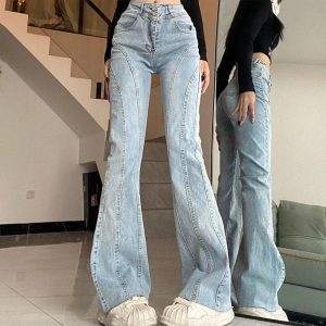 Y2K Stitch Flare Jeans: Retro 90s Grunge Style for Trendy Outfits