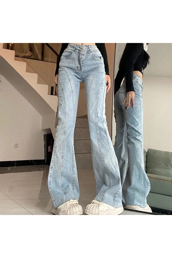 Y2K Stitch Flare Jeans: Retro 90s Grunge Style for Trendy Outfits