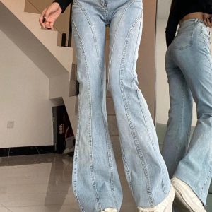 Y2K Stitch Flare Jeans: Retro 90s Grunge Style for Trendy Outfits