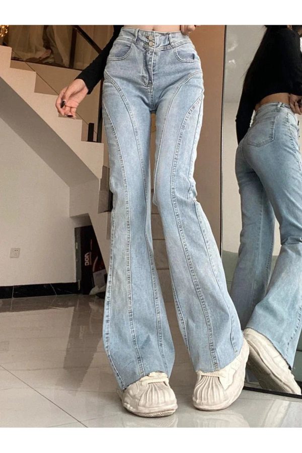 Y2K Stitch Flare Jeans: Retro 90s Grunge Style for Trendy Outfits