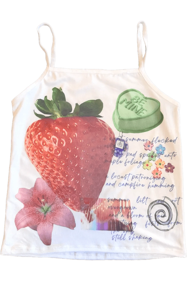 Y2K Strawberry Dreams Collage Top - Retro Summer Vibes & Grunge Style