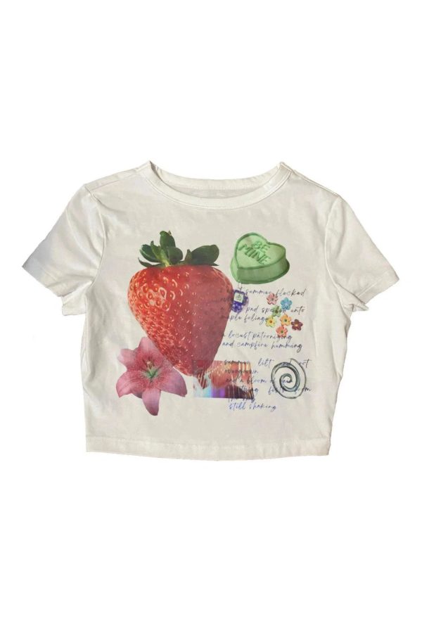 Y2K Strawberry Dreams Collage Top - Retro Summer Vibes & Grunge Style