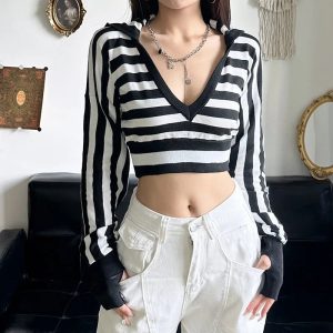 Y2K Striped Shadow Crop Hoodie: Trendy Summer Grunge Outfit Essential