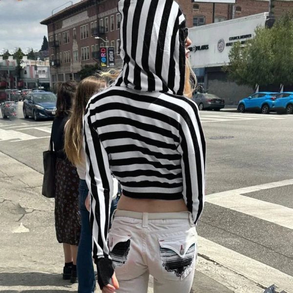 Y2K Striped Shadow Crop Hoodie: Trendy Summer Grunge Outfit Essential