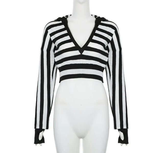 Y2K Striped Shadow Crop Hoodie: Trendy Summer Grunge Outfit Essential