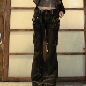 Y2K Utility Cargo Flare Jeans: Retro 90s Grunge Style for Summer Outfits