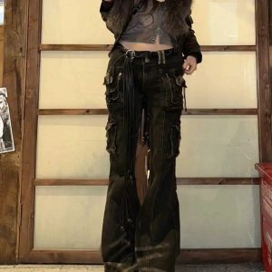 Y2K Utility Cargo Flare Jeans: Retro 90s Grunge Style for Summer Outfits