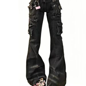 Y2K Utility Cargo Flare Jeans: Retro 90s Grunge Style for Summer Outfits