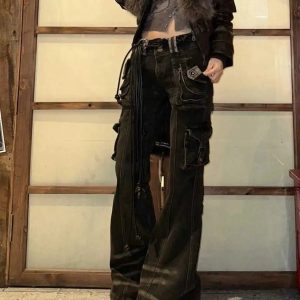 Y2K Utility Cargo Flare Jeans: Retro 90s Grunge Style for Summer Outfits