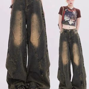 Y2K Vintage Fade Patchwork Jeans for Retro Summer Outfits