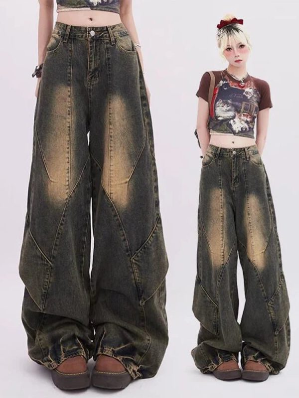 Y2K Vintage Fade Patchwork Jeans for Retro Summer Outfits