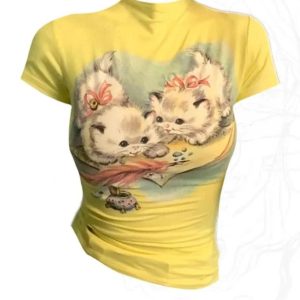 Y2K Vintage Kitten Graphic Top - Retro 90s Style Summer Outfit